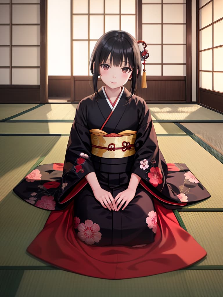  masterpiece, zashiki warashi, japanese room, tatami, kimono, little girl, black hair, young, sitting on the floor, realistic, quality, 8k