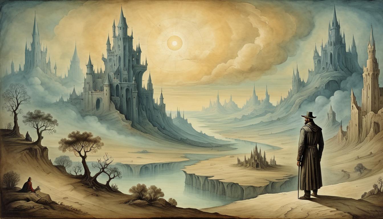  on parchment, surrealism+++, a horizon illuminated with foresight, a figure looking beyond, layers of time depicted in the landscape(mysterious, provocative, symbolic,muted color)+++