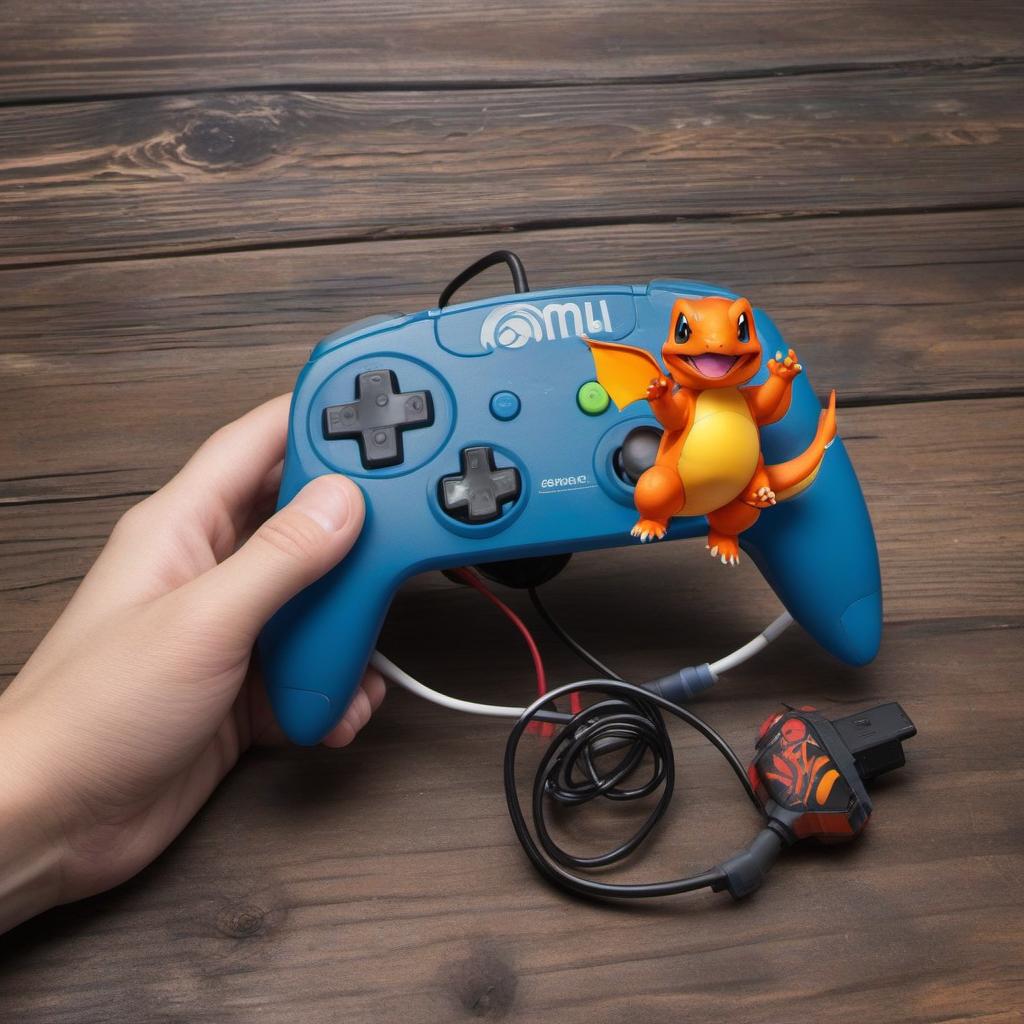  charmander holding n64 controller, cyberpunk style