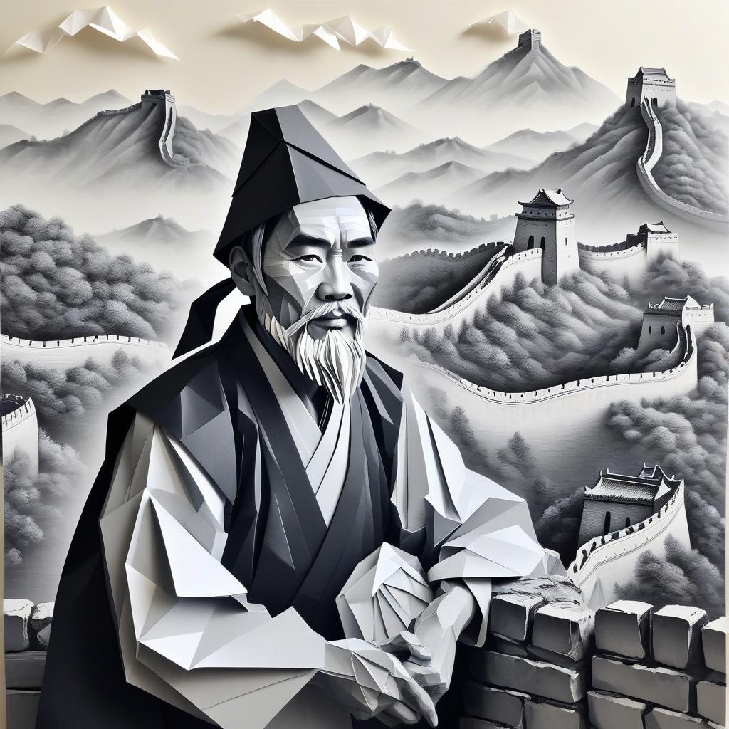  origami style black and white painting: portrait of a chinese peasant against the background of the great wall of china . paper art, pleated paper, folded, origami art, pleats, cut and fold, centered composition