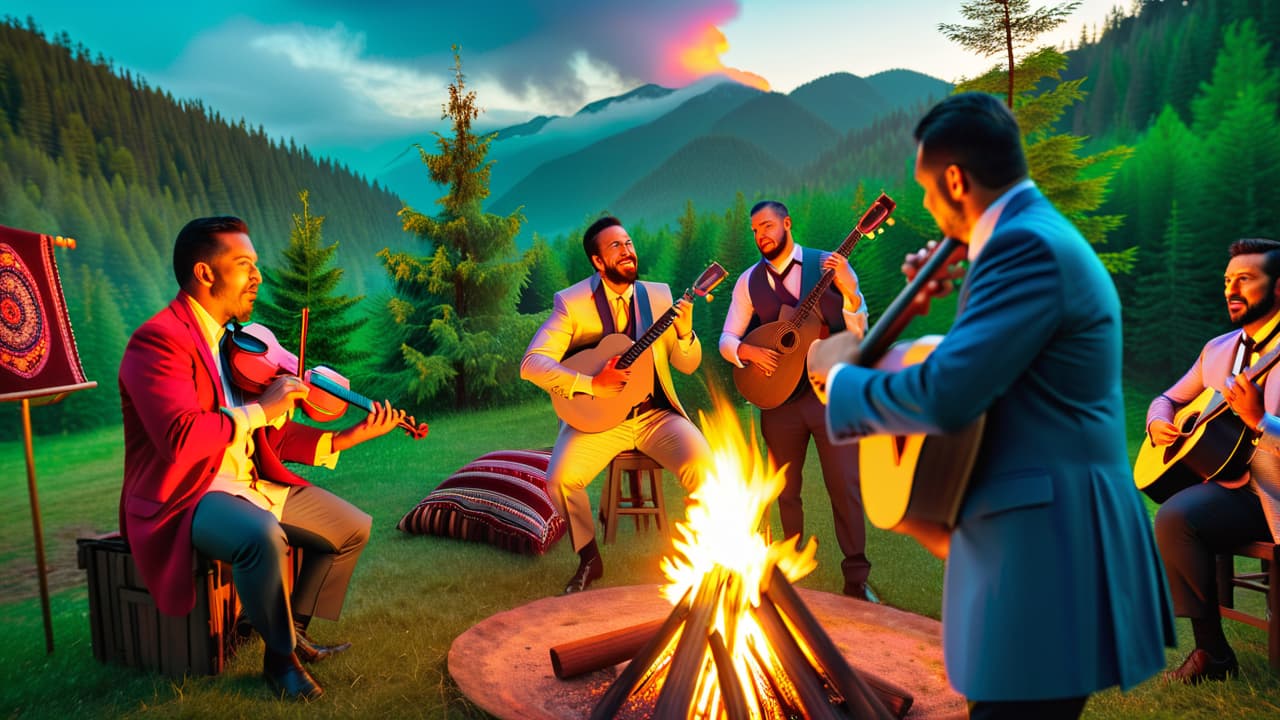  a vibrant folk music scene with musicians playing traditional instruments, surrounded by diverse cultural landscapes. include a bonfire, people dancing in colorful attire, and nature elements like trees and mountains in the background. hyperrealistic, full body, detailed clothing, highly detailed, cinematic lighting, stunningly beautiful, intricate, sharp focus, f/1. 8, 85mm, (centered image composition), (professionally color graded), ((bright soft diffused light)), volumetric fog, trending on instagram, trending on tumblr, HDR 4K, 8K