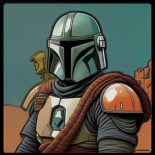  mandalorian., vintage, pixelated, scanlines, halftone, by paul robertson, henk nieborg, valenberg, octavi navarro, mark ferrari