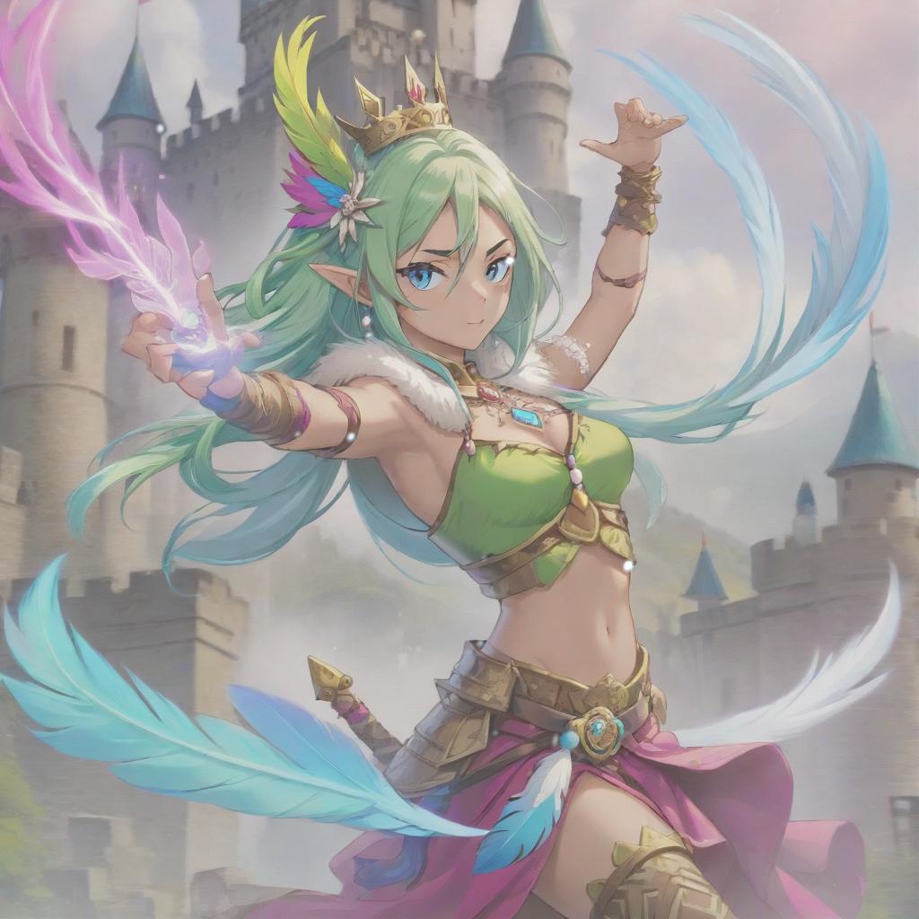  long exposure photo of portrait of strong rage amazonas queen archer. blue eye. long lightgreen hair. tilting head down, magenta mantle, shoulder pad feather, accessory necklace with pearls on the forehead, against the background of the castle siege . blurred motion, streaks of light, surreal, dreamy, ghosting effect, highly detailed, sticker, hkmagic