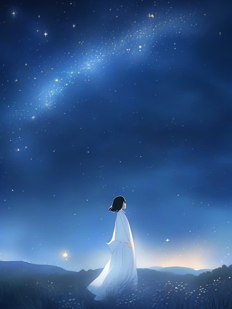  ozora, perfect starry sky, white long dress wear, girl looking up at the starry sky, black hair short bob hairstyle, midnight, masterpiece, best quality,8k,ultra detailed,high resolution,an extremely delicate and beautiful,hyper detail