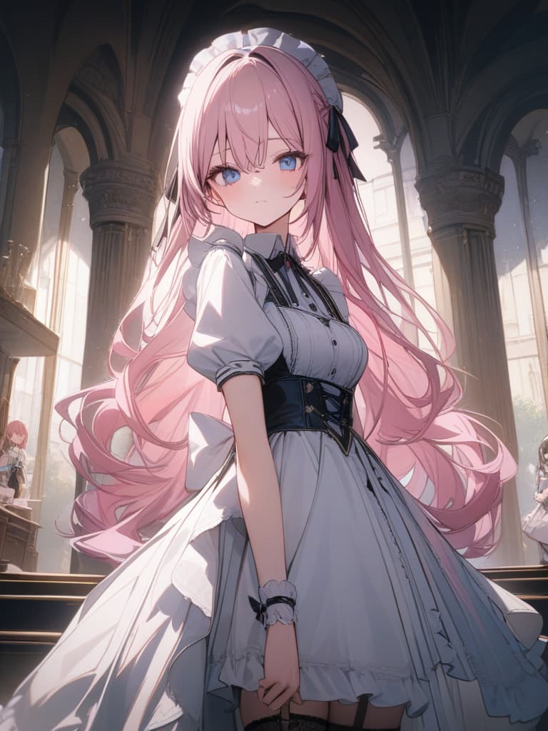  pink hair, blue eyes, maid clothes, skirt short, super long long hair, in the castle, garter stocking, pin heel, a doll like a doll, masterpiece, best quality,8k,ultra detailed,high resolution,an extremely delicate and beautiful,hyper detail