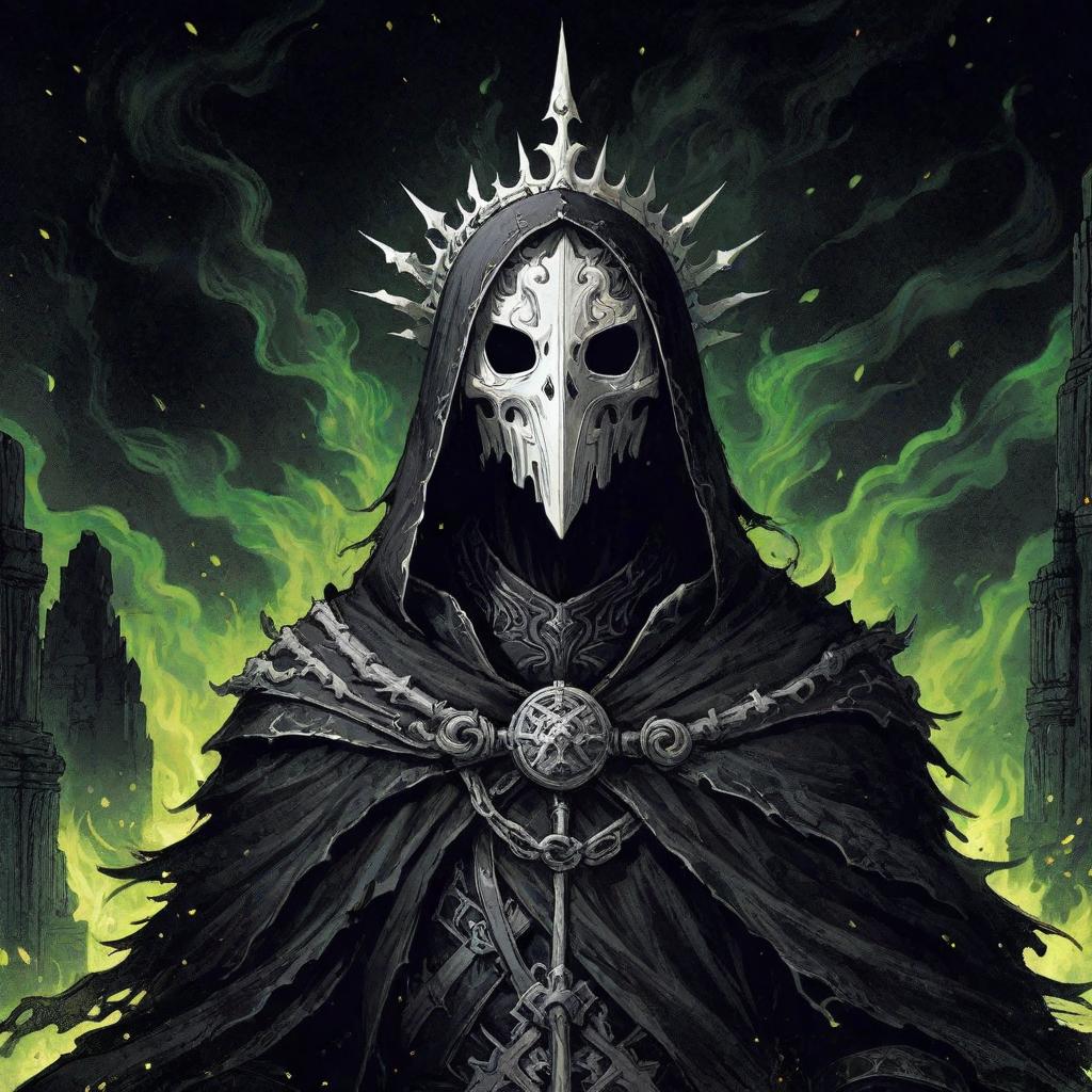  manga artwork dark figure with a ornamented black tunic, white bone mask and a white bone crown. the background has stone ruins and green flames. rpg anime style . manga artist. manga, highly emotional. best quality, high resolution