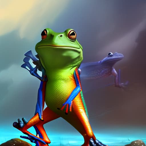 mdjrny-v4 style (a frog wearing blue jean), full body, ghibli style, anime, vibrant colors, hdr, enhance, ((plain black background)), masterpiece, highly detailed, 4k, hq, separate colors, bright colors