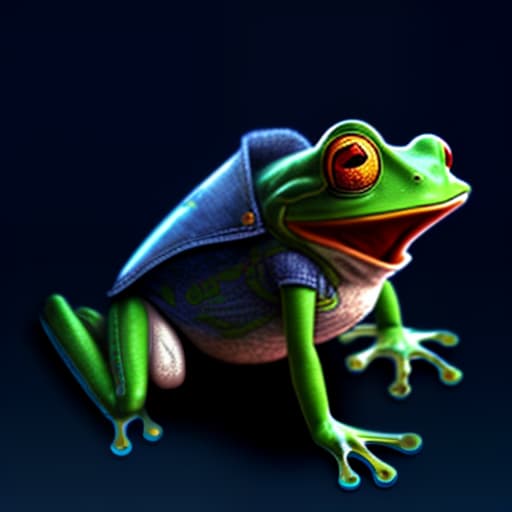 mdjrny-v4 style (a frog wearing blue jean), full body, ghibli style, anime, vibrant colors, hdr, enhance, ((plain black background)), masterpiece, highly detailed, 4k, hq, separate colors, bright colors