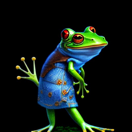 mdjrny-v4 style (a frog wearing blue jean), full body, ghibli style, anime, vibrant colors, hdr, enhance, ((plain black background)), masterpiece, highly detailed, 4k, hq, separate colors, bright colors