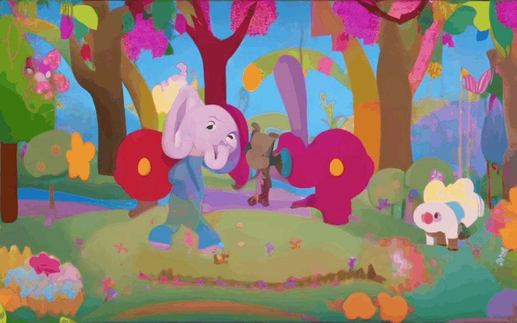 Elephant, Monkey, and Rabbit are dancing joyfully in a vibrant, animated forest. The Elephant stomps rhythmically, the Monkey swings and claps, and the Rabbit hops energetically. Bright flowers and trees sway to the music.