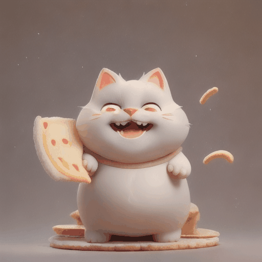 Imagine a chubby, cartoonish cat with a round belly and fluffy fur, standing on its hind legs while holding a half-eaten slice of pizza in its paw. The cat's eyes are wide with delight, and a playful grin stretches across its face as it prepares to take another big bite. The cheese from the pizza is stringy, stretching from the slice to the cat's mouth, adding to the whimsical and humorous scene. The background is vibrant and colorful, filled with playful details that bring the entire scene to life