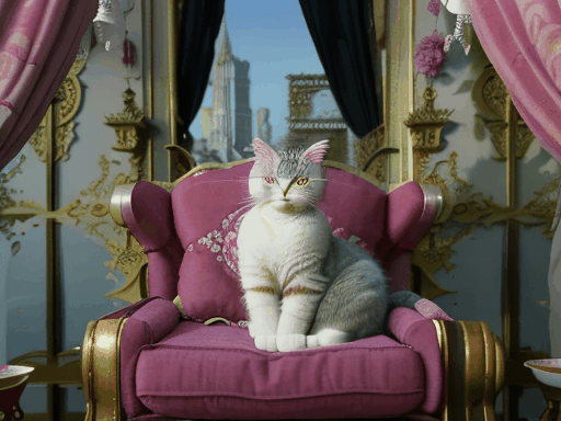 Create an imaginative and whimsical video of a fluffy cat in a regal outfit, confidently sitting on a throne made of cushions, overseeing a bustling city where cats are the rulers. The backdrop should showcase a vibrant city skyline, with playful cats engaging in various activities, like having tea parties and discussing world affairs, all while showcasing the cat's hilarious yet authoritative demeanor.