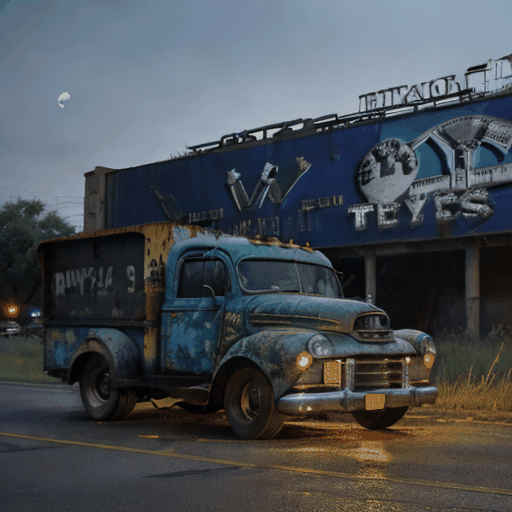 Texas county road at night moon is high in the sky illuminating the whole scene there is an old dilapidated billboard standing next to the road and on it are 1950s style letters that say tonight only the 5NDimers a 1970s style truck drives by and the camera follows it to an old honky to I bar where there are a lot of trucks and cars parked all over in front