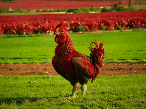 A rooster in a field all by itself, pecking at the ground and eating worms. The scene is vibrant and lively, showcasing the natural beauty of the field and the rooster's colorful plumage.