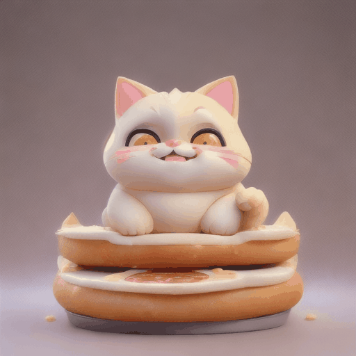 Imagine a chubby, cartoonish cat with a round belly and fluffy fur, sitting comfortably with a half-eaten slice of pizza in its paw. The cat's eyes are wide with delight, and a playful grin stretches across its face as it prepares to take another big bite. The cheese from the pizza is stringy, stretching from the slice to the cat's mouth, adding to the whimsical and humorous scene. The background is vibrant and colorful, filled with playful details that bring the entire scene to life.