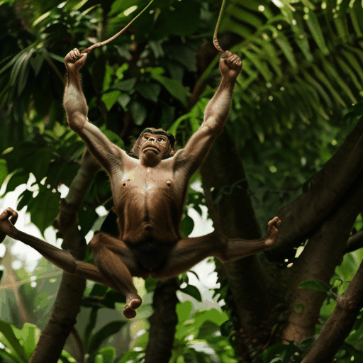 A monkey jumping in a playful manner in a lush jungle setting.