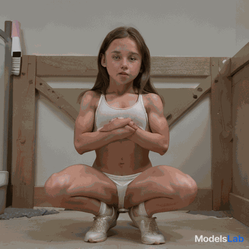 exhibitionist squatting 10-yo tween girl, muscular calves