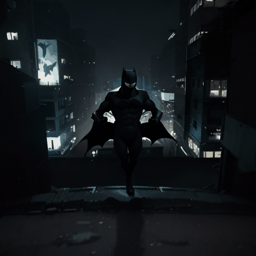 Make a video of Batman jumping in a dark, urban setting with his iconic silhouette.