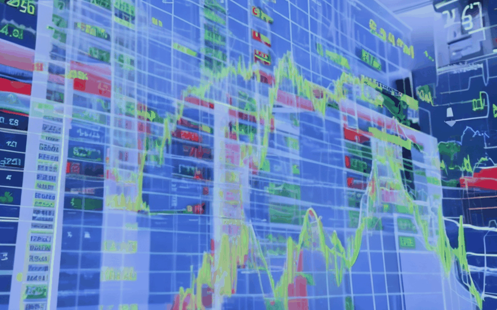 An animated graph shows the fluctuating stock market with icons of major companies like Tesla and Nvidia. In the background, a bustling stock exchange floor buzzes with traders.
