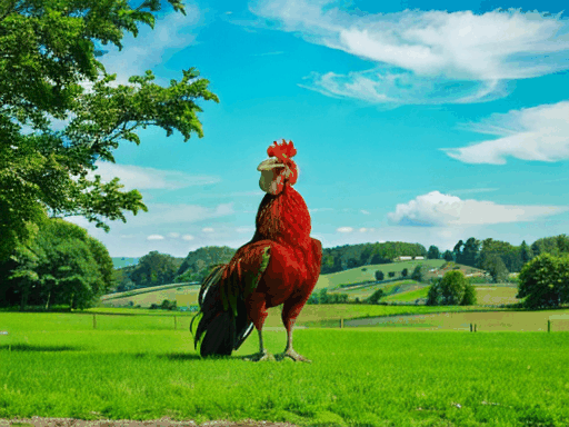 A lone rooster stands proudly in a picturesque green field under a clear blue sky, showcasing its vibrant feathers and distinct crowing, emphasizing the serenity of nature in an idyllic rural setting.