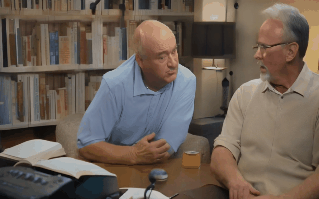 A concerned 59-year-old man, Dan, talks to financial expert Dave Ramsey during a radio show, seeking advice in a cozy, book-lined studio with soft lighting.
