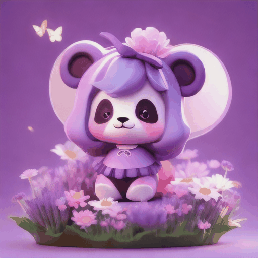 cute panda in a purple tutu, lavender, daisies, butterflies, sun, pink clouds, white background