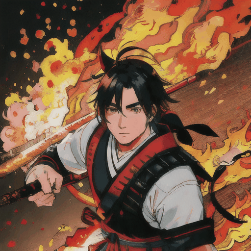 Samuraipig, sword on his shoulder, fire burning in the background