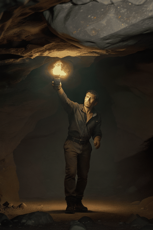 a man enters a dark cave and lights a torch
