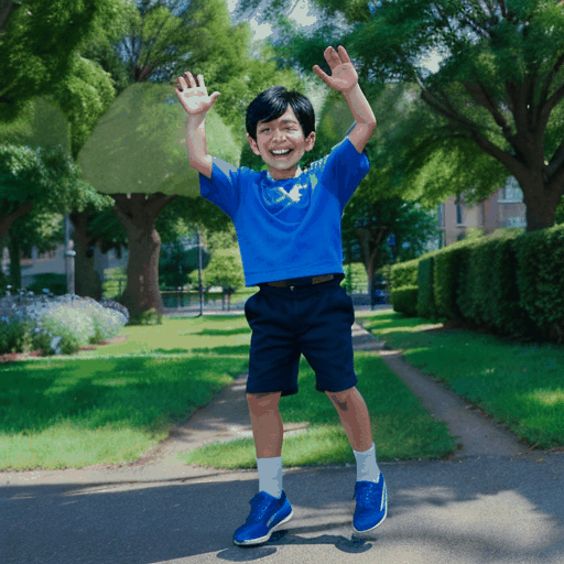 "A realistic 7-year-old boy with black hair and blue clothes is jumping up and down with joy while waving his hands. He is smiling widely with eyes full of excitement. The scene takes place in a sunny park with trees and flowers in the background. The animation should be smooth and fluid, with realistic shadows and lighting."