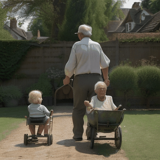 In a somber, nostalgic style, an older gentleman is pushing a wheelbarrow with a child sitting in it. They are in an English back garden, the weather is sunny and everyone is having a great time.