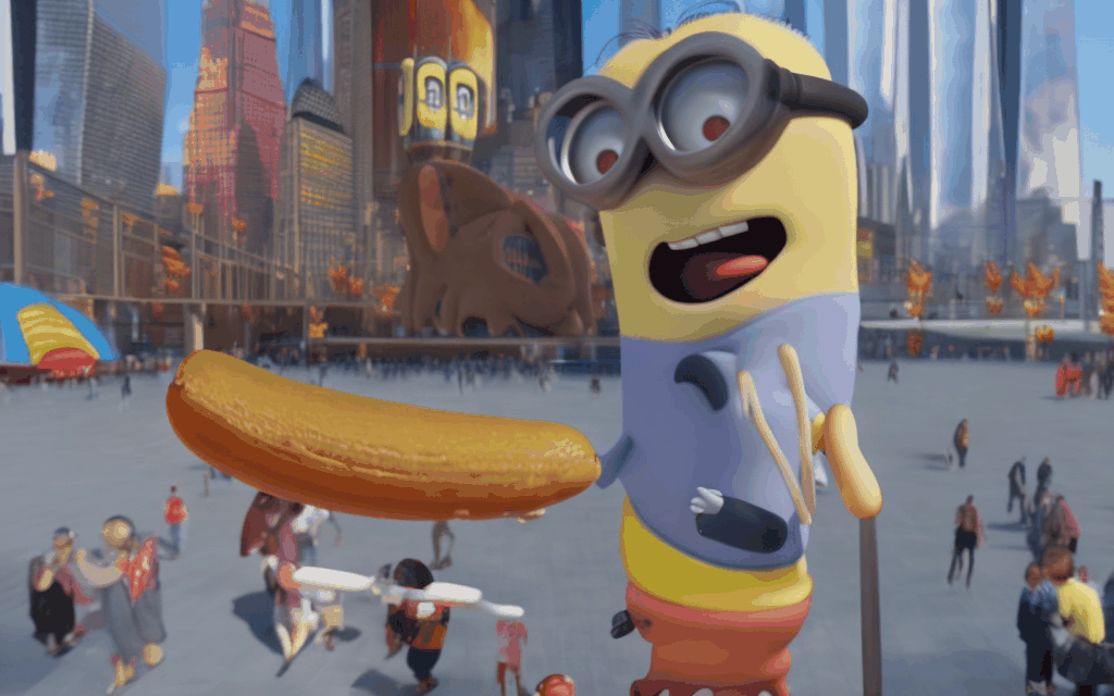 A gigantic minion swallowing a hot dog in front of the world trade center