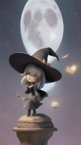 A witch flying on a broom in the night with moon