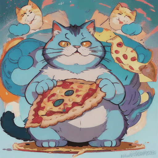 Imagine a chubby, cartoonish cat with a round belly and fluffy fur, standing on its hind legs while holding a half-eaten slice of pizza in its paw. The cat's eyes are wide with delight