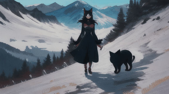 a girl walking in mountains ,batwoman dress , cat walk