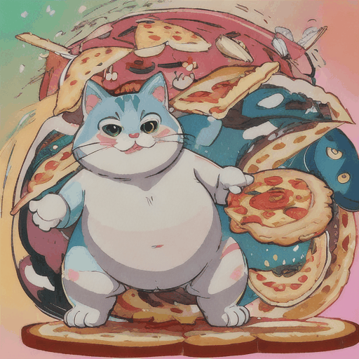 Imagine a chubby, cartoonish cat with a round belly and fluffy fur, standing on its hind legs while holding a half-eaten slice of pizza in its paw. The cat's eyes are wide with delight, and a playful grin stretches across its face as it prepares to take another big bite. The cheese from the pizza is stringy, stretching from the slice to the cat's mouth, adding to the whimsical and humorous scene.