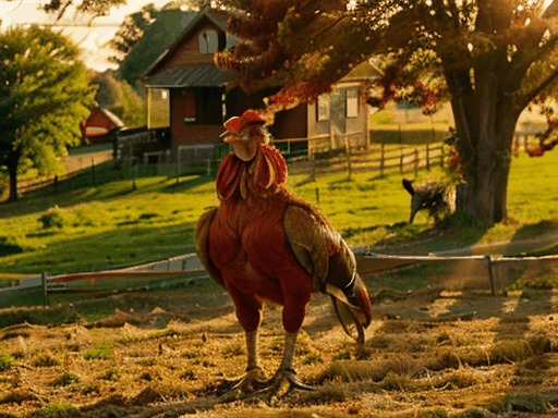 A vibrant rooster stands proudly in a sunlit farmyard, its feathers shimmering in shades of red, orange, and gold, while the soft sounds of morning awaken the serene countryside around it.