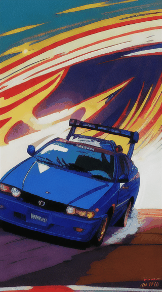 Ninja Sonic the hedgehog  at super speed on top of the car 1988 1988 mazda 323 gtx turbo  with anime style