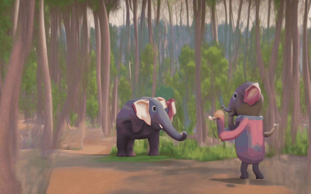 A cartoon elephant dancing on a forest