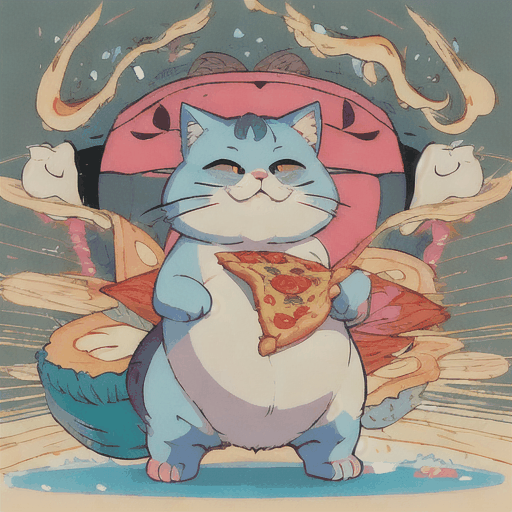 Imagine a chubby, cartoonish cat with a round belly and fluffy fur, standing on its hind legs while holding a half-eaten slice of pizza in its paw. The cat's eyes are wide with delight, and a playful grin stretches across its face as it prepares to take another big bite. The cheese from the pizza is stringy