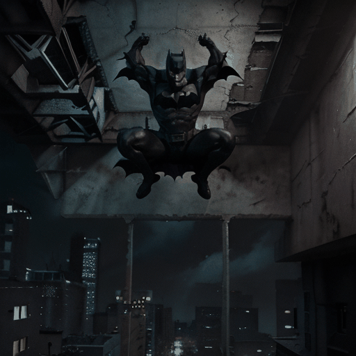 Batman performing a high jump in a dark urban setting with a gritty and realistic tone