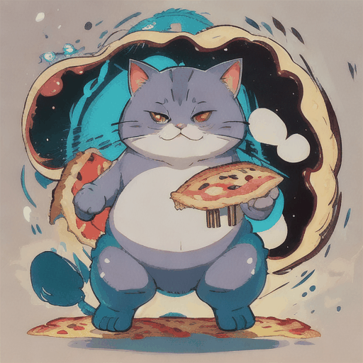 Imagine a chubby, cartoonish cat with a round belly and fluffy fur, standing on its hind legs while holding a half-eaten slice of pizza in its paw. The cat's eyes are wide with delight, and a playful grin stretches across its face as it prepares to take another big bite.