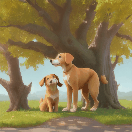 Draw a realistic scene featuring a dog standing under a tree. The dog is a yellow Labrador with smooth fur, bright eyes, and floppy ears. It stands naturally, slightly tilting its head to one side as if paying attention to something. The tree is a large oak with a thick, rough bark trunk and lush, green leaves providing ample shade. Sunlight filters through the leaves, creating dappled light and shadow patterns on the ground. The ground beneath the tree is covered with green grass and a few fallen leaves. The surrounding background is a peaceful forest or park, evoking a sense of tranquility and harmony with nature.
