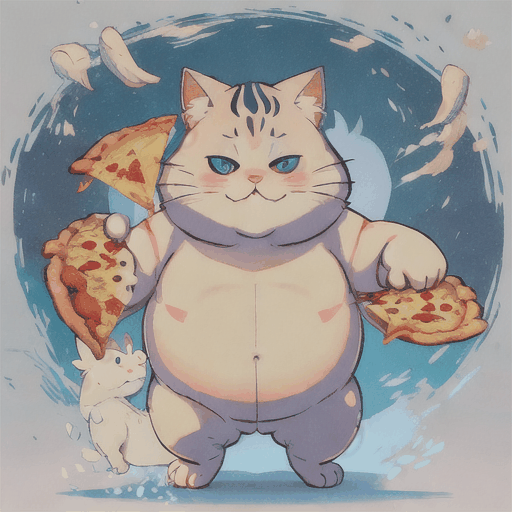 Imagine a chubby, cartoonish cat with a round belly and fluffy fur, standing on its hind legs while holding a half-eaten slice of pizza in its paw. The cat's eyes are wide with delight, and a playful