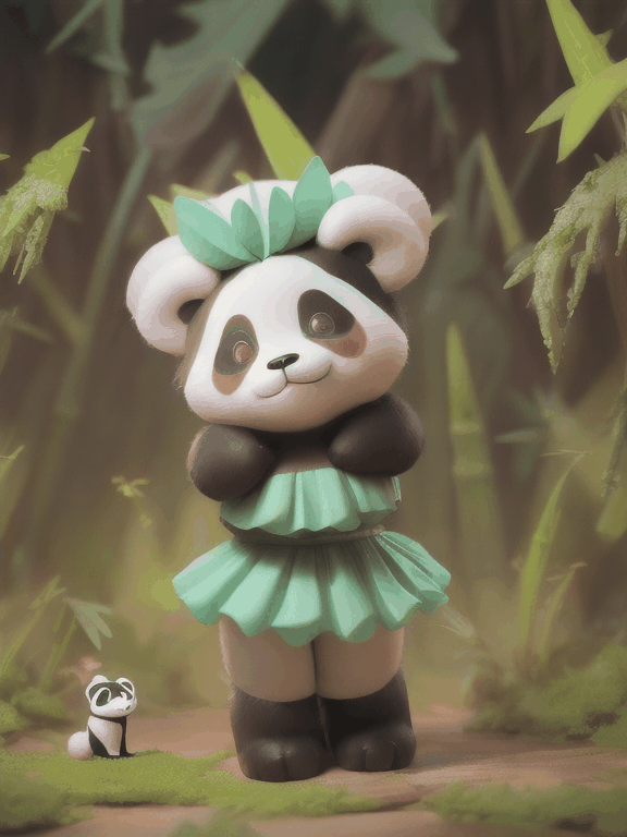 A little panda in a tutu dress found bamboo in the forest.