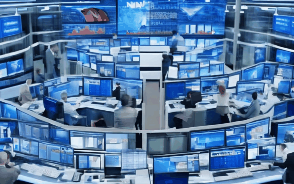 Show a bustling newsroom with multiple screens displaying global news, finance stats, and market trends. Reporters and analysts are energetically discussing and broadcasting.