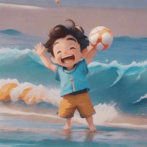 Picture a lively scene on a sunny beach where a young boy, with tousled hair and a bright smile, is joyfully playing with a playful puppy. The boy's laughter mingles with the sound of the waves crashing onto the shore. He tosses a small, colorful ball into the air, and the energetic puppy, with its wagging tail and floppy ears, leaps up to catch it. The golden sand beneath them is warm and dotted with tiny seashells, while the sparkling blue ocean stretches out to the horizon. Seagulls fly overhead, and the sky is a perfect shade of blue, completing this heartwarming and carefree moment.