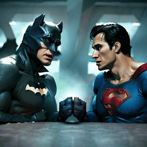 Batman and Superman engage in a dynamic and intense battle.
