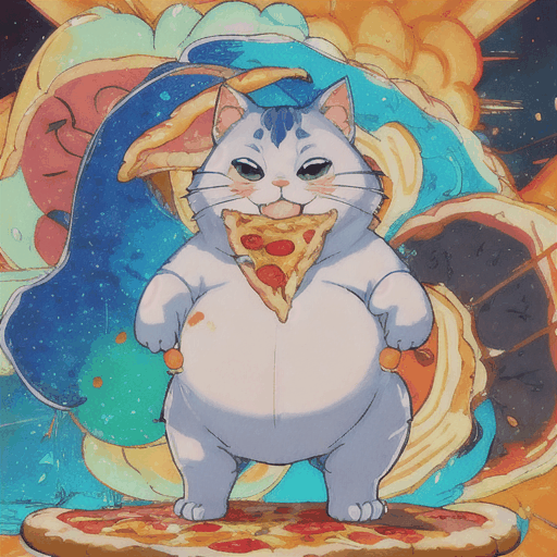 Imagine a chubby, cartoonish cat with a round belly and fluffy fur, standing on its hind legs while holding a half-eaten slice of pizza in its paw. The cat's eyes are wide with delight, and a playful grin stretches across its face as it prepares to take another big bite. The cheese from the pizza is stringy, stretching from the slice to the cat's mouth