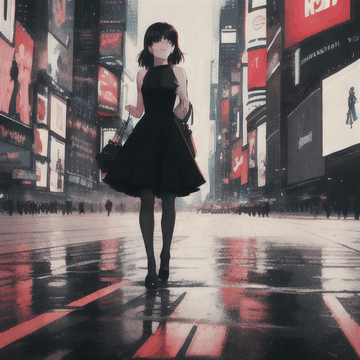 a girl walking on times square wearing black dress red shoes and expensive bag