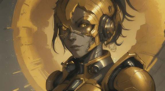 A video of a cyborg in a golden suit, D&D sci-fi, artstation, concept art, highly detailed illustration.